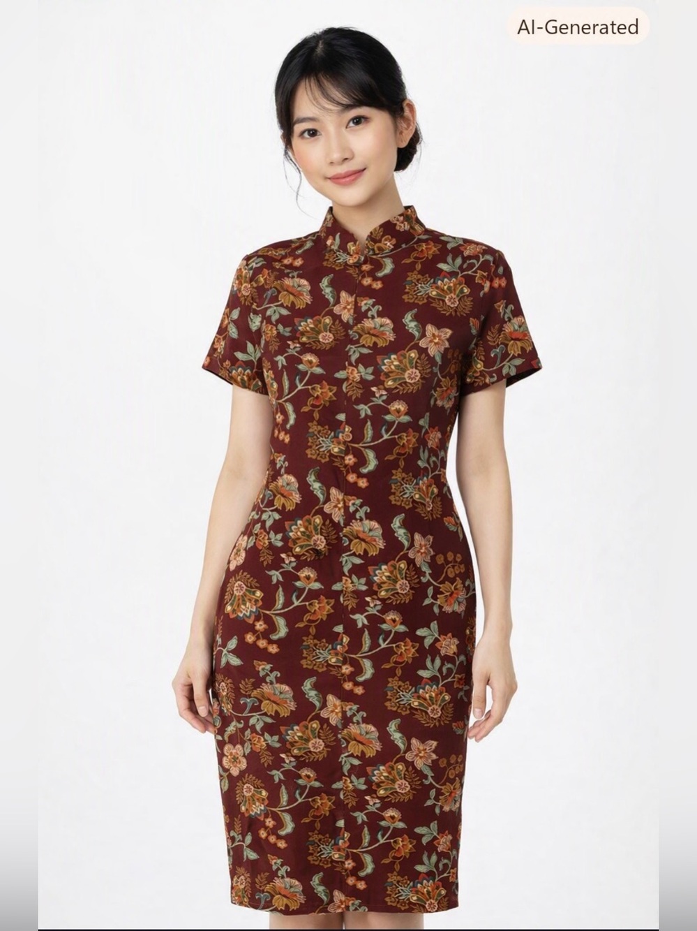Floral Midi Dress in Burgundy with Short Sleeves